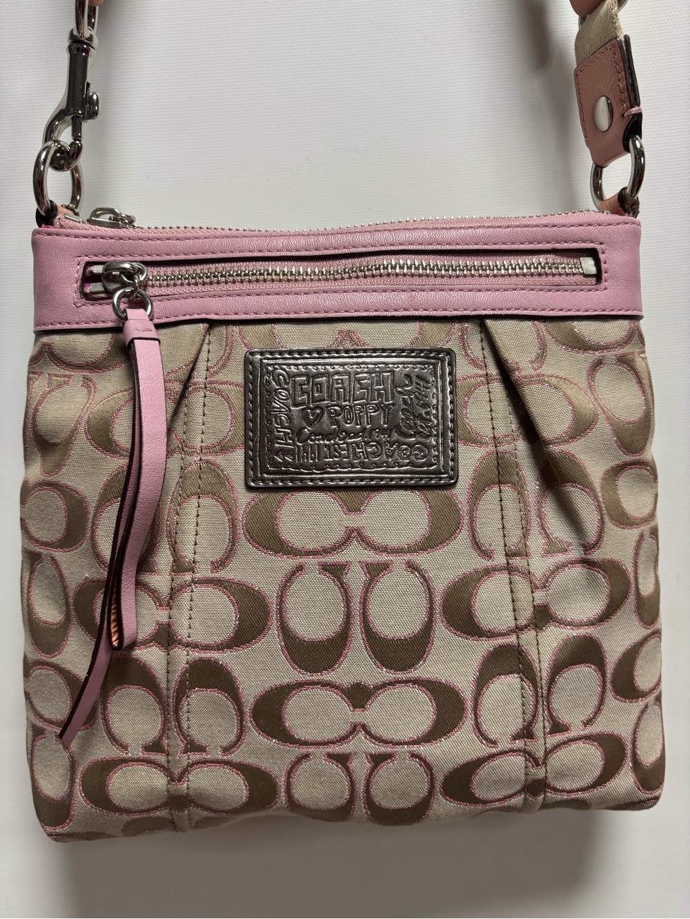 Coach poppy Beige Signature Canvas Crossbody with Pink Trim